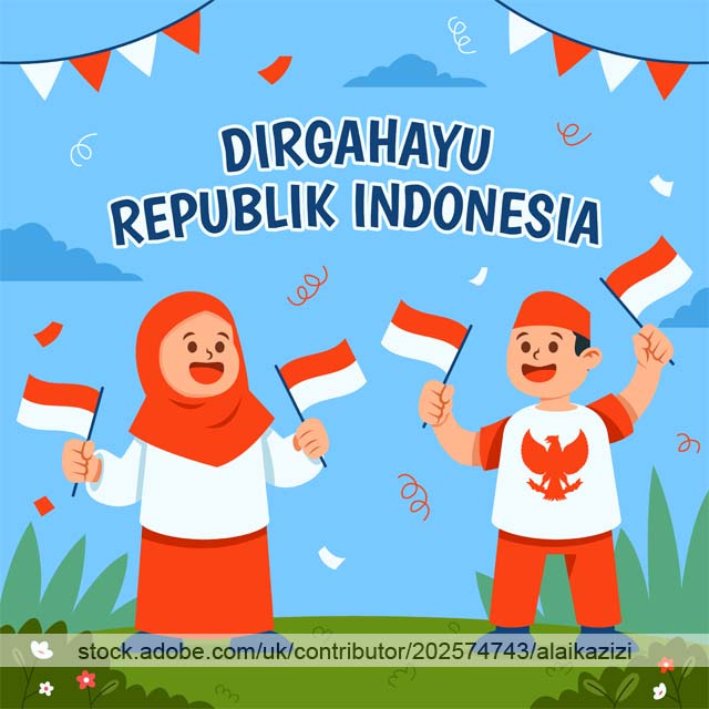 Red White Raising Flag By Moslem Teens 17 agustus adobestock dirgahayu flat illustration indonesia islam kemerdekaan moslem muslim republik vector