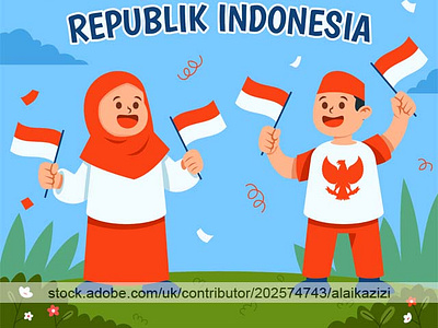 Red White Raising Flag By Moslem Teens 17 agustus adobestock dirgahayu flat illustration indonesia islam kemerdekaan moslem muslim republik vector