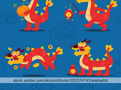 Chinese Dragon Cartoon Character adobestock character chinese dragon flat illustration red vector