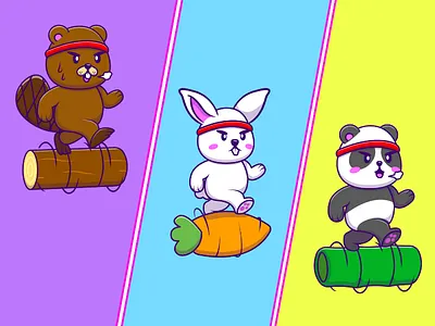 Animal Jogging 🐼🐰🐹 animaljogging animalsport bamboo beaver carrot cutedesign exercise graphic design illustrationcharacter log panda rabbit rolling vectorisolated wildlifefauna