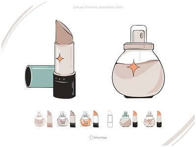 Illustration of Lipstick and Perfume _ Zenudo Partners beige coral details draft ecommerce hand drawing style icon illustration items lipstick makeup product perfume sketch step by step teal vector