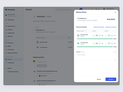 Zendenta - Product Stock Received for SaaS Dental Clinic clinic dashboard dental dentist ehr emr hospital management medical records order product design saas saas dental saas design stock ui ux web app web design