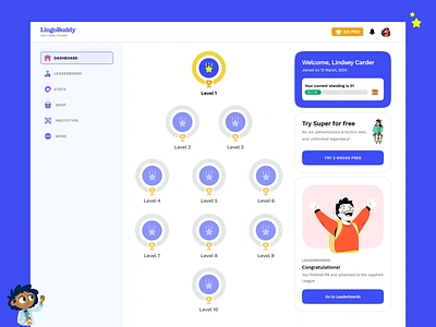 Language Learning App Dashboard abcmouse babbel duolingo edtech education gamification kids language lessons leaderboard learn french learn german learn italian learn language learn spanish learning games lingokids play and learn quiz app ui ux