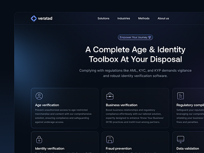 Veratad - Redesign Types Of Verication UI card dark mode landing page modern professional solution web design