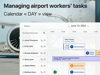 Managing airport workers' tasks - Calendar « DAY » view airport aviation indu calendar calendar management calendar view critical communication critical communication app fullscreen calendar task management task management software tasks management telecommunication telecommunication software ui ui calendar user interface calendar ux worker task management workers workers tasks