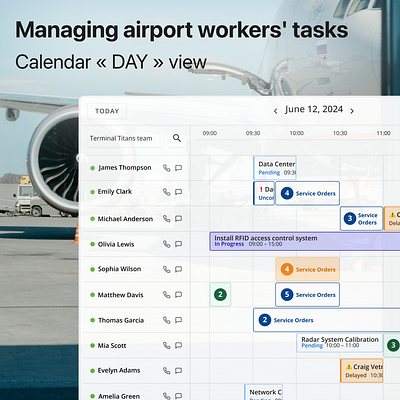 Managing airport workers' tasks - Calendar « DAY » view airport aviation indu calendar calendar management calendar view critical communication critical communication app fullscreen calendar task management task management software tasks management telecommunication telecommunication software ui ui calendar user interface calendar ux worker task management workers workers tasks