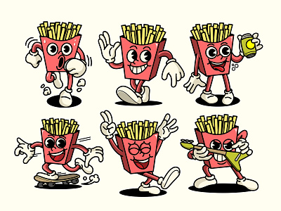 Cute French Fries Characters 90s illustration mascot retro
