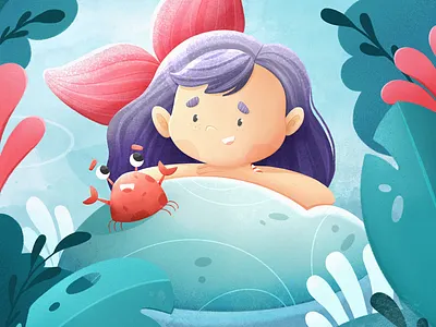 Underwater pals character crab cute drawing illustration mermaid plants procreate sea underwater