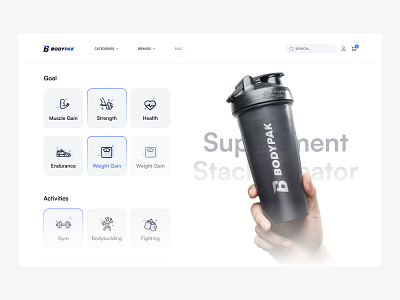 Supplement stack creator for e-commerce platform activity app basket blue bodybuilding cart desktop ecommerce fitness gym health muscles protein shake store supplements ui ux whey white