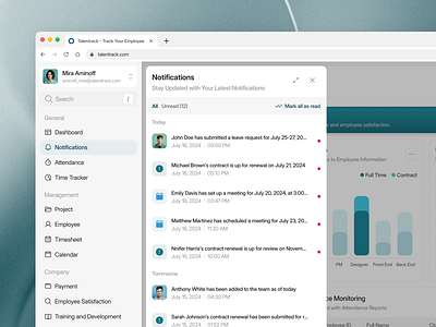 Talentrack - HR Management Dashboard [Notification Modal] admin alert attendance dashboard design hr management message modal monitoring notification notification modal notifications product design reminder unread web web design web page website