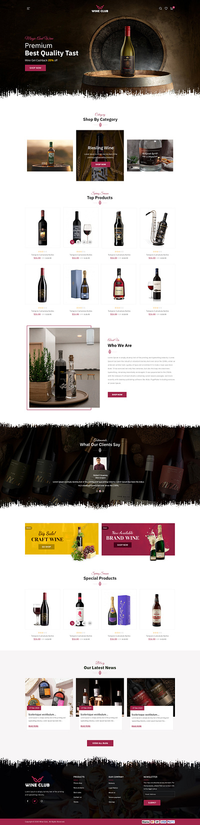 Wine Club E-commerce Website Design 3d about us animation banner branding footer graphic design header layout logo motion graphics products shop slider theme ui website wine