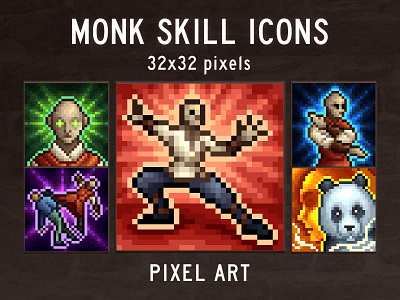 Monk Skills 32×32 Pixel Icon Pack 2d 32x32 art asset assets fantasy game game assets gamedev icon icons illustration indie indie game monk pack rpg set skill skills