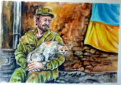 Original watercolor Ukrainian painting on real photo-reference, art cat hand painted paint painting soldier style ukraine war