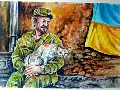 Original watercolor Ukrainian painting on real photo-reference, art cat hand painted paint painting soldier style ukraine war