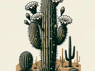 Desert Vigil Art by Aravind Reddy Tarugu aravind arid art biodiversity cactus desert design flora iconic illustration natural world reddy resilience saguaro sand landscape spines sunlit tarugu vector white flowers