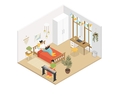 Room of teenagers - isometric illustration character design hobby home illustration interior isometric isometric art isometric illustration leisure room style vector