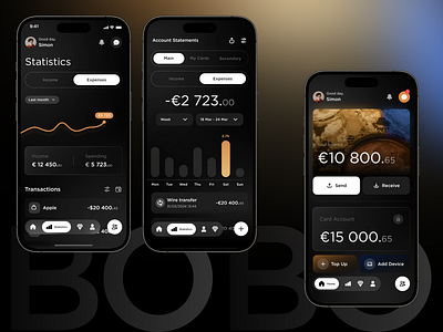 Mobile App for the bank Bourgeois Bohéme app design bank bank card dashboard design drak theme dribble design finance financial technology fintech luxury bank minimalism mobile app mobile design money transfer payment premium trading app ulux wallet