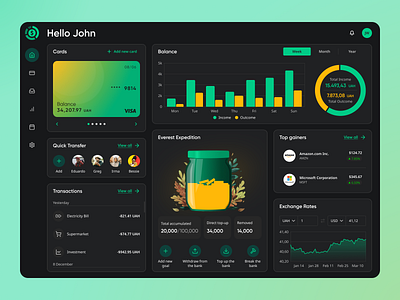 Banking Account Wallet Home Page Dashboard - Dark Theme analytics analytics platform bank account begins ui kit dashboard data visualization design home page saas savings ui ux wallet wed design