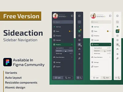 Sideaction- Free Sidebar Navigation on Figma🚀 Light & Dark Mood dark mood dashboard design kit design sidebar free dashboard light mood menu menubar navigation sidebar ui ui sidebar uiux