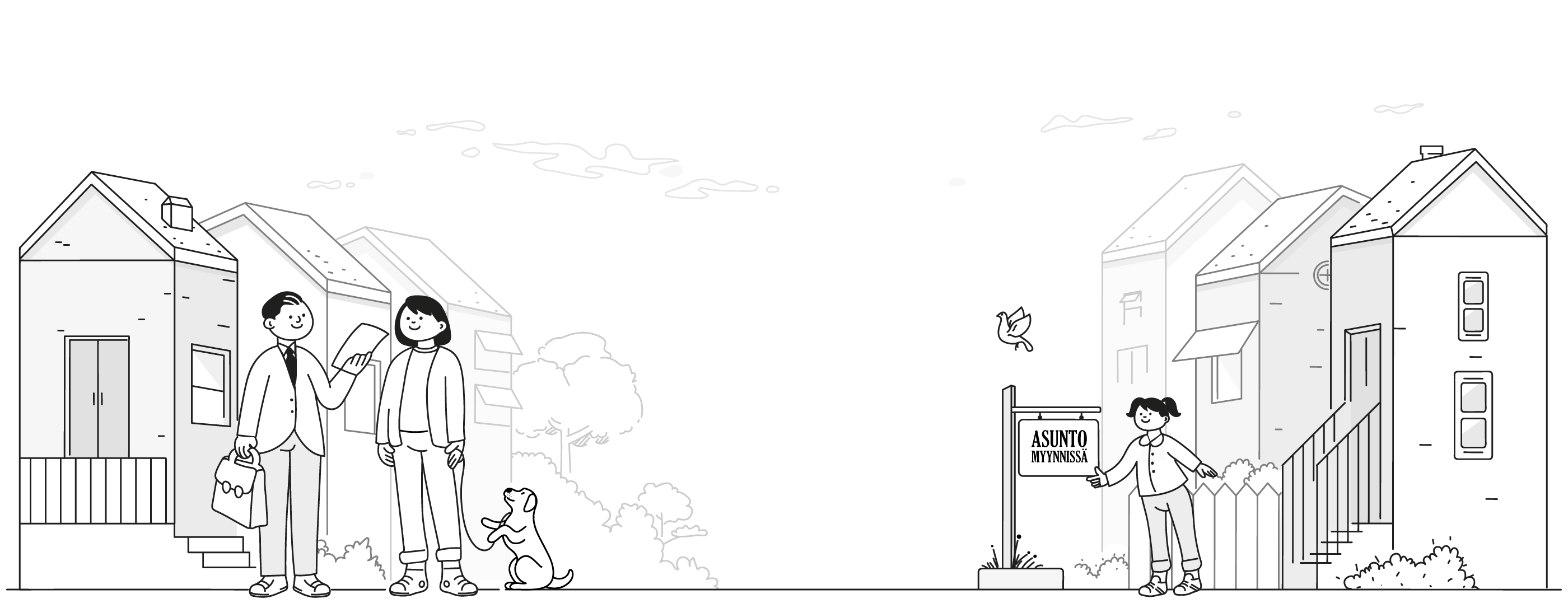 Real Estate Web Illustrations apartment buildings business buyer character dog hand drawn hero hero illustration house owner houses illustration landing page line drawing outline real estate seller selling web illustration website