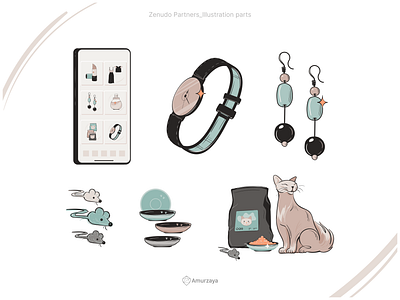 Online shop items_illustration variations_Zenudo Partners beige cat coral cute draft draqing earring fashion illustration item jewelry mouse plate purchase shop sketch watch