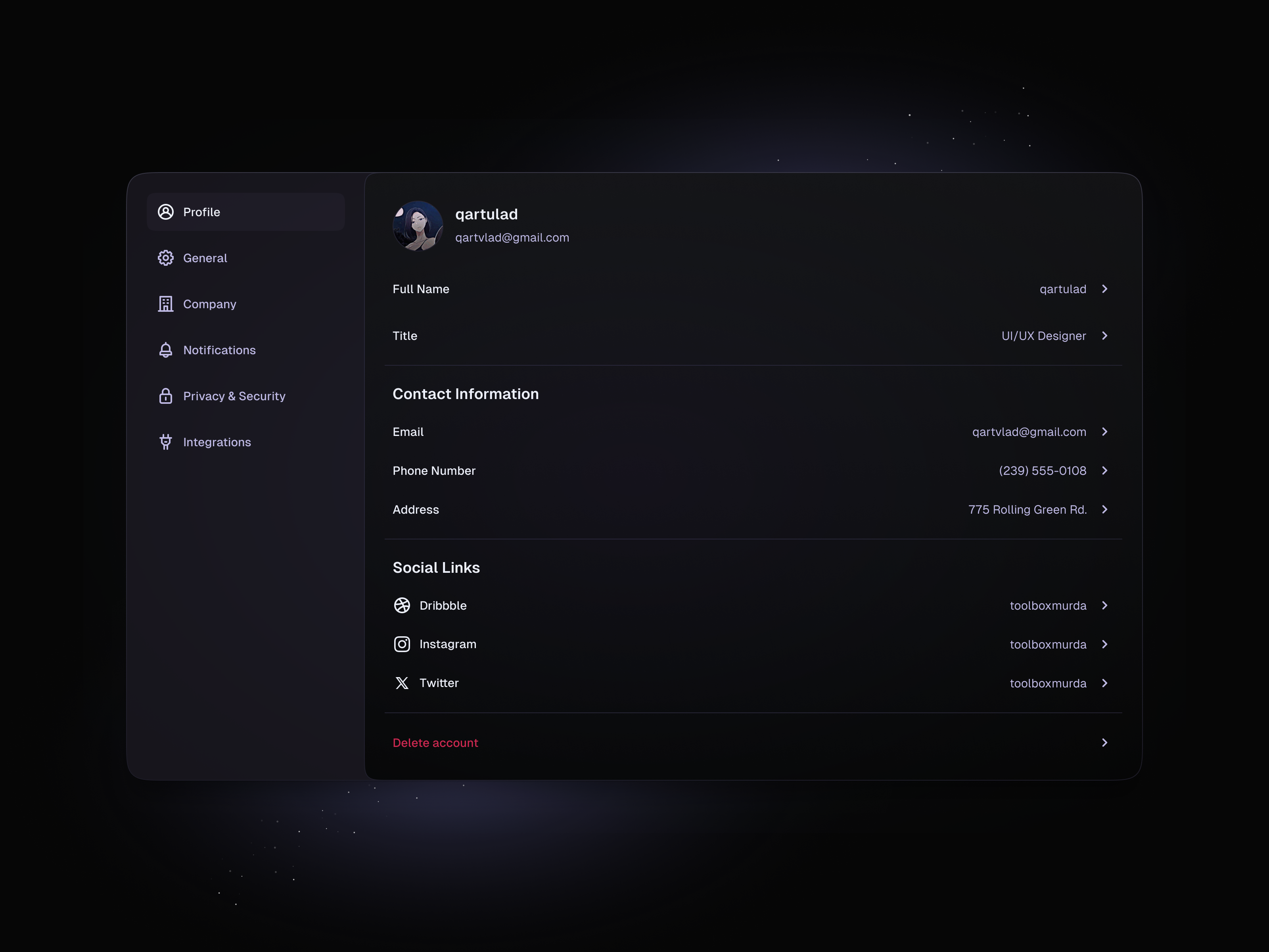 profile page contact info information links profile settings social ui