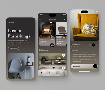 LuxLounge - Furniture ecommerce app design ecommerce ecommerce app furniture furniture app interface interior mobile app design mobileapp product design ui ui design uiux uiux design ux ux design