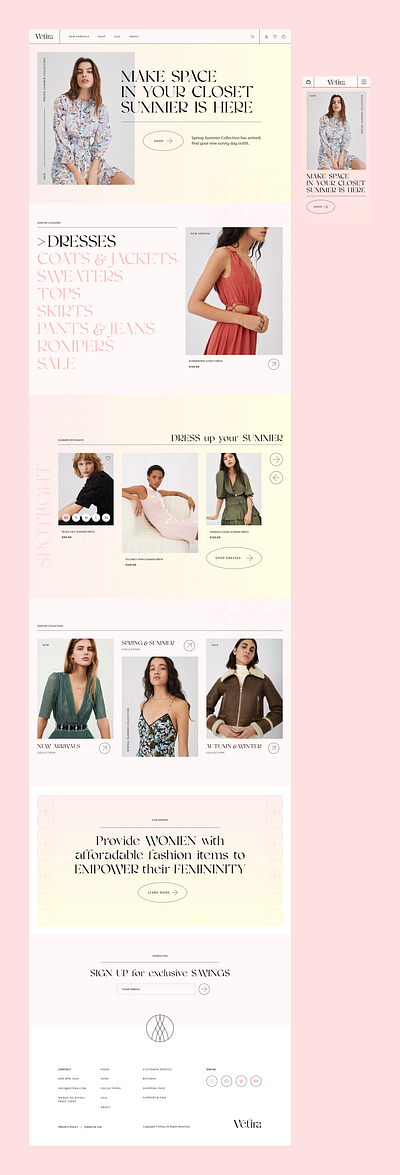 Vêtira Homepage apparel branding clothing commerce cute dress fashion french graphic design logo luxury pink serif shop summer trendy ui web women yellow
