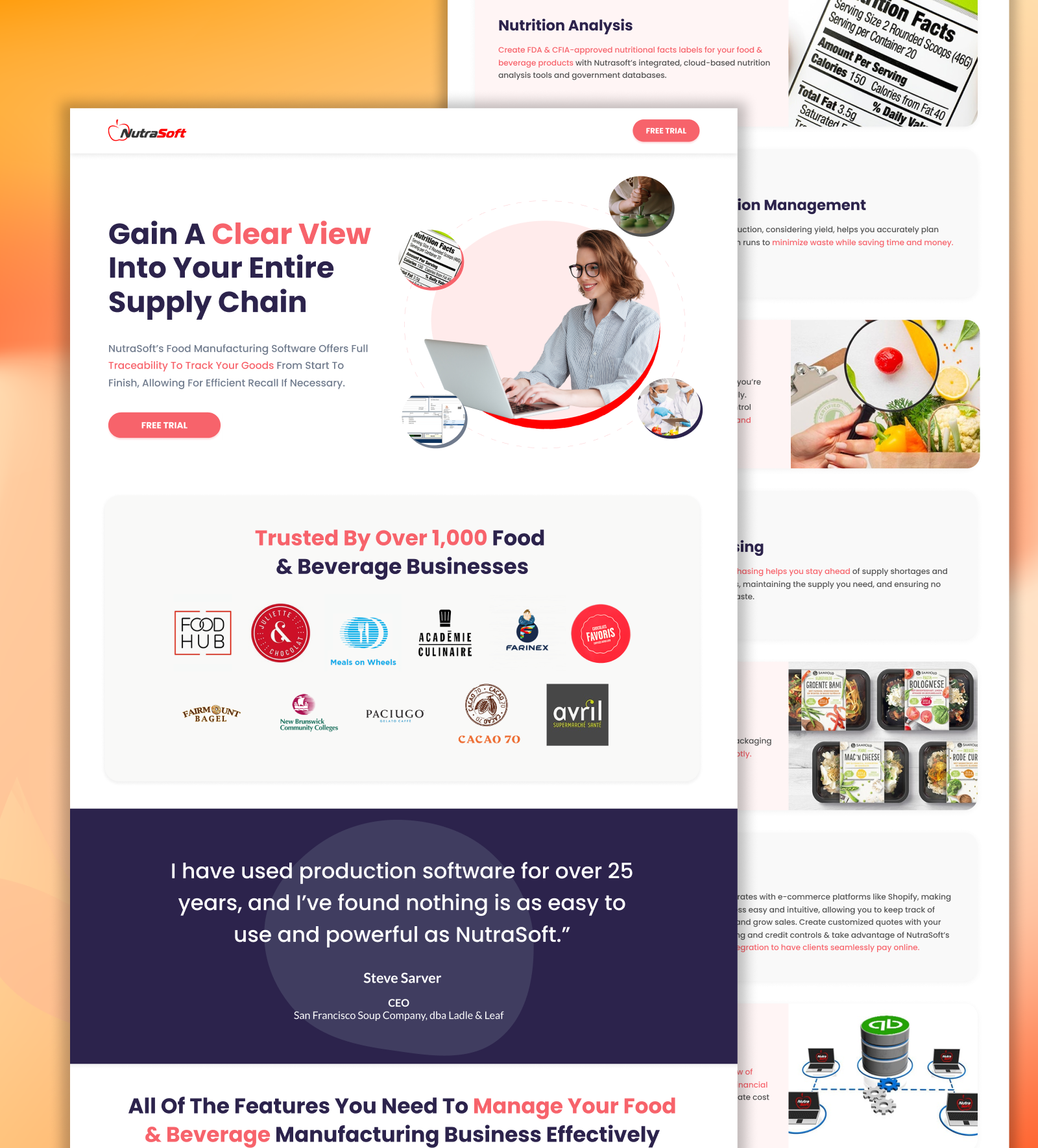 Landing Page for Nutrasoft, a Food & Beverage Manufacturing Soft