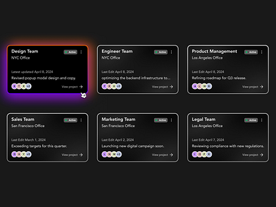 Team Management Cards animation branding card clean creative dark theme dashboard dashboard design design graphic design illustration management minimal navigation simple tasks teams ui ux website