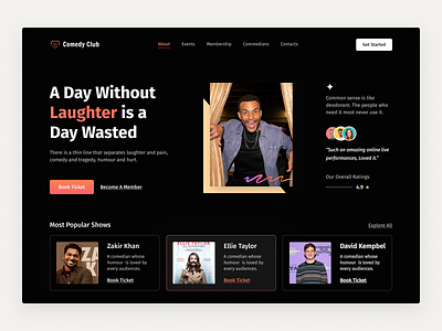 The Comedy Club Website Design Concept branding comedy club creative design dark ui designconcept designinspiration event graphic design landingpage morden ui most recent newpost popularoftheday ticket booking trending uiuxdesigner webdesign