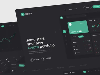 "Coreo"cryptocurrency exchange web app app app design bitcoin crypto crypto app crypto dashboard crypto landing crypto portfolio crypto website dark mod dashboard dark mode design landing graphic design landing page ui ui design ux web design website dashboard website design
