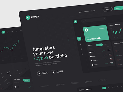 "Coreo"cryptocurrency exchange web app app app design bitcoin crypto crypto app crypto dashboard crypto landing crypto portfolio crypto website dark mod dashboard dark mode design landing graphic design landing page ui ui design ux web design website dashboard website design