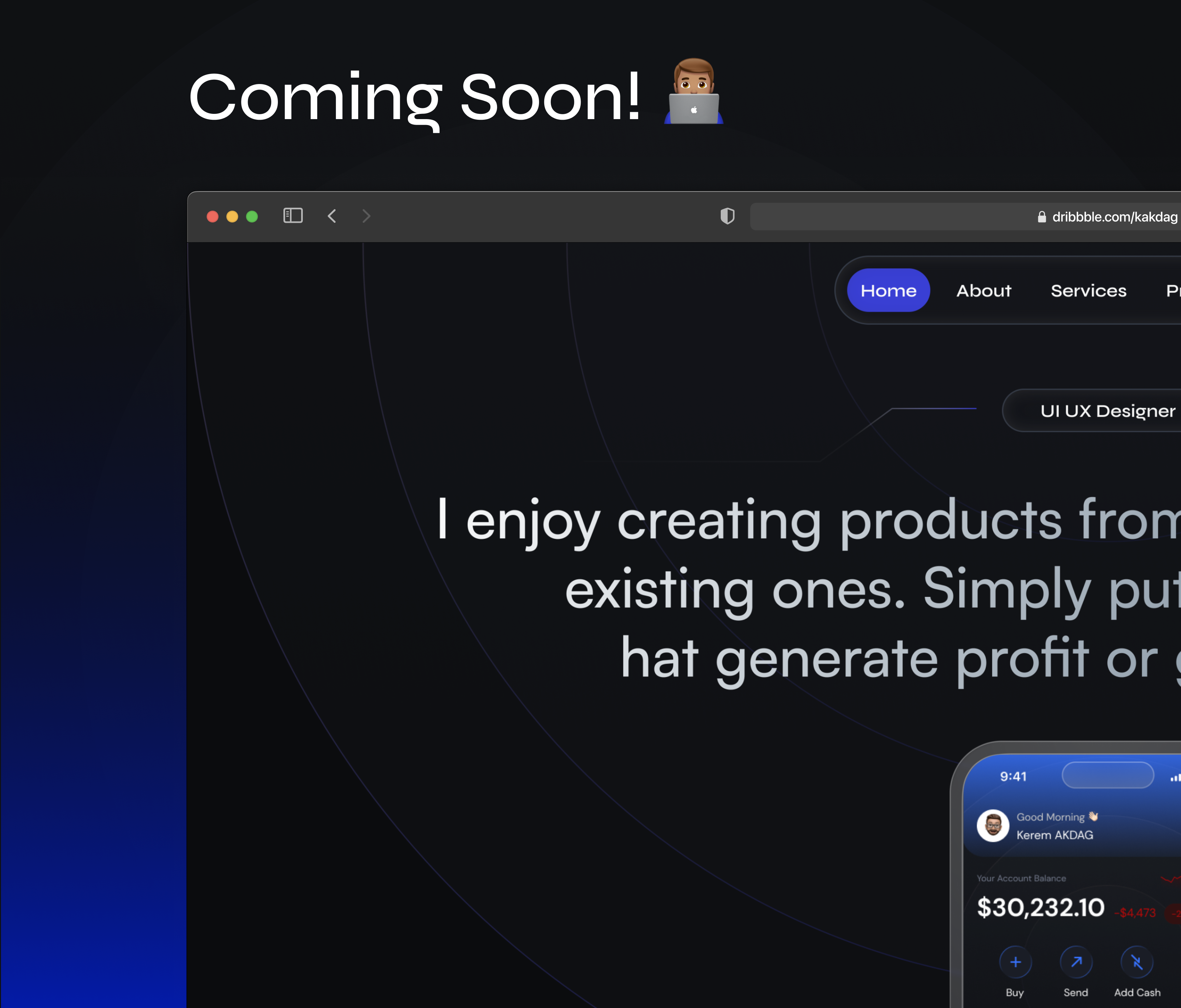 UI UX Designer - Portfolio Template about app bank banking crypto dark dark mode design figma fintech framer minimal mobile personal ui ux ux designs