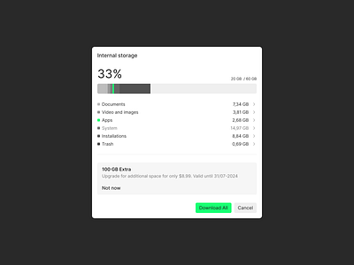 Storage button cancel cta data design exploration external space figma gigabyte internal space light mode procent product design progress bar storage storage space ui upgrade ux web web design