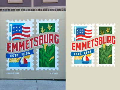 Emmetsburg, IA Stamp Mural boat corn corn stalk emmetsburg environmental flag illustration iowa lake midwest mural muraling muralist paint painted painting patriotic postage saturated stamp