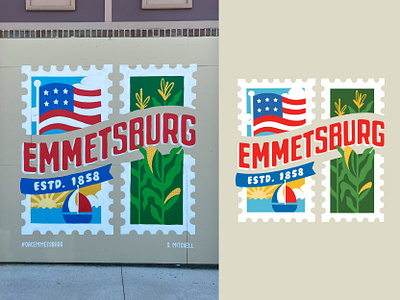 Emmetsburg, IA Stamp Mural boat corn corn stalk emmetsburg environmental flag illustration iowa lake midwest mural muraling muralist paint painted painting patriotic postage saturated stamp