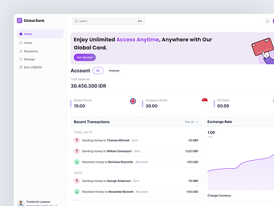 Global Bank: Financial Management - Home Page 💸 analytics balances banking currencies dashboard finance financial fintech investment money product design request money saas send money transaction transactions transfer uiux wallet web app