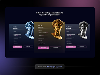 Pricing for Fintech | M-Design System 3d account black website broker crypto cryptocurrency dark mode dark website fintech graphic design landing page plan plans price page pricing trading ui web web3 website