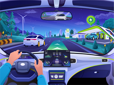 EVolution - Charging Stations App ⛽️ car car head unit charging dark mode dashboard design electric vehicle ev illustration maps night orely stations ui