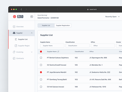 EZAD - Supplier Management Dashboard dashboard supplier table ui ux vendor web design website