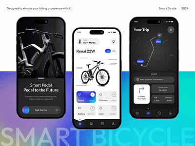 RideMaster - Smart Electric Bike Mobile App ai app app design app ui application bicycle biking cycling cyclist design electric bike electric bike app map mobile app smart smart app smart bike tracker ui ux