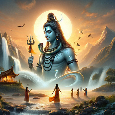 Lord Shiva - Image generated By AI / Prompt Engineering 3d animation birds branding graphic design logo lord motion graphics mountains river shiva shivs snake ui