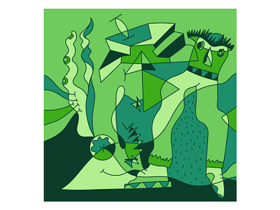 Abstract illustration with ghosts and spirits. abstract abstraction artwork composition design drawing flat style ghosts and spirits green color hand drawn illustration line art linear shapes and forms surreal surrealism symbol vector