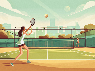 Tennis Girls active art ball city design game girls graphic design illustration new york play procreate sky skyline sport summer tennis tennis court vector woman