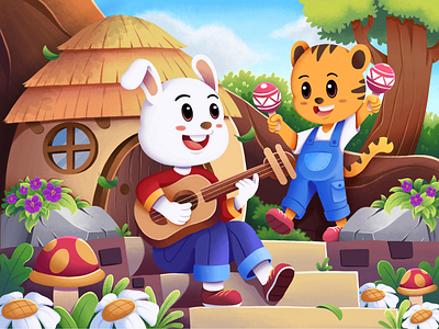 Playing Music For Fun bunny bunny illustration caratland cartoon children illustration childrenbook illustration forest illustration funny illustration guitar illustration happy happy illustration harmony illustration music music illustration musical illustration playing music playing music together tiger cartoon tiger illustration