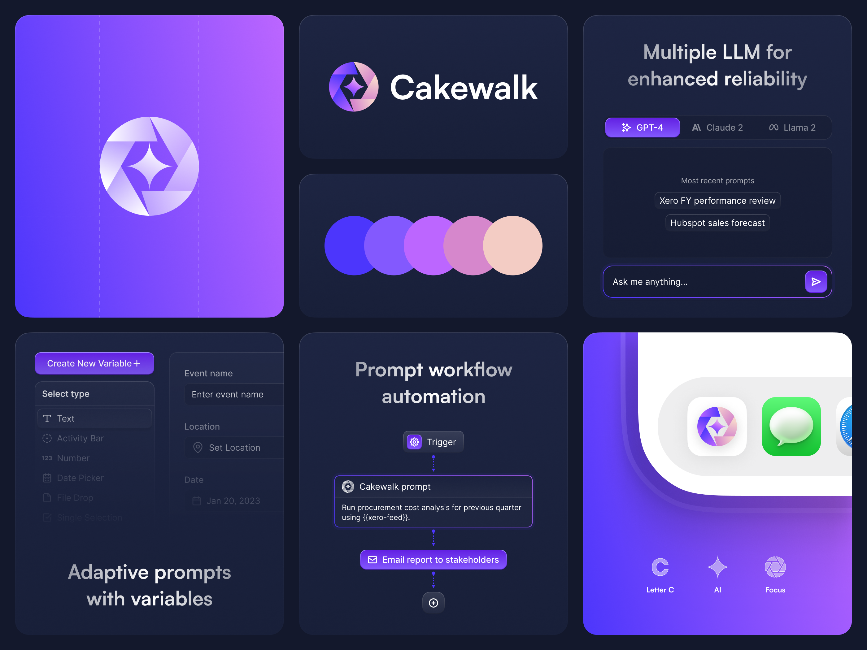 Cakewalk AI Branding: Logo & Visual Identity ai ai logo bento bento grid branding dark mode dark theme gradient icons illustration logo pink purple star ui ux visual identity