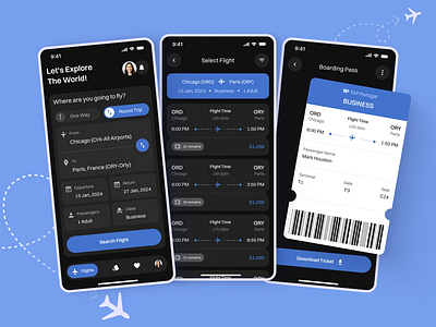 SkyBound air ticket boarding pass booking dark theme fly mobile mobile app ticket ui ux