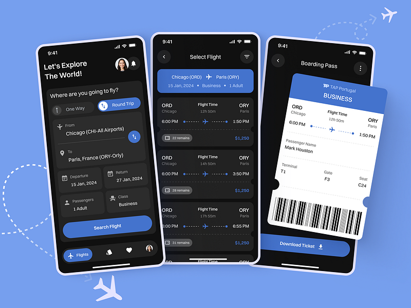 SkyBound air ticket boarding pass booking dark theme fly mobile mobile app ticket ui ux