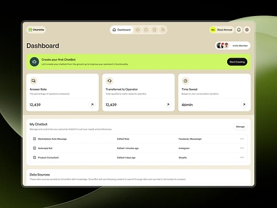 Charlotte - ChatBot Dashboard Home Page ai analytics artificial inteligence bot chatbot clean crm dashboard data source design exploration lists simple statistics ui user management ux